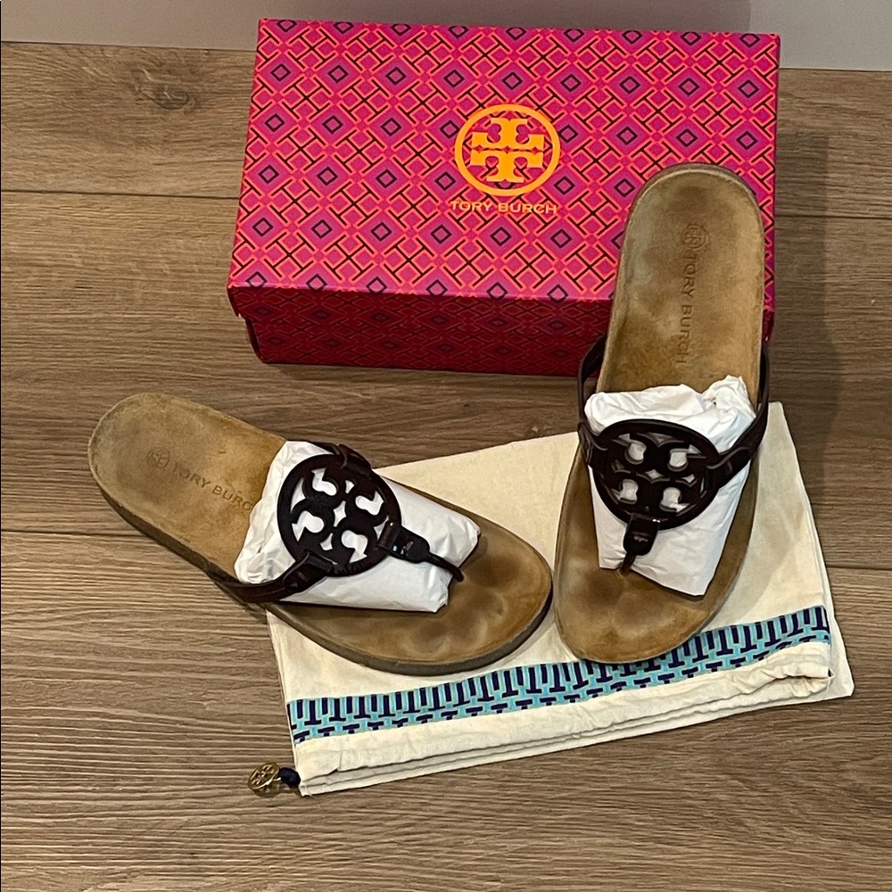 Tory Burch Brown Leather Miller Thong Sandals